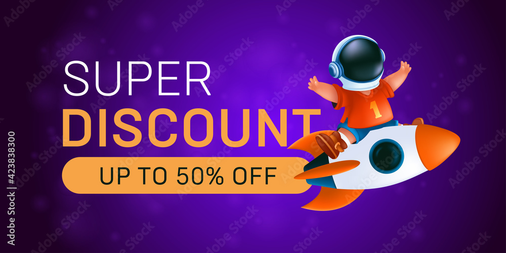 Super discount horizontal banner. Little kid in astronaut's helmet riding on a flying rocket. Vector illustration of a happy boy with a spaceship on abstract purple background Super discount horizontal banner. Little kid in astronaut's helmet riding on a flying rocket. Vector illustration of a happy boy with a spaceship on abstract purple background