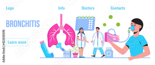 Bronchitis concept vector for medical website, blog, header. Patient suffering bronchial asthma. Inhaler, nebulizer are shown. Metaphor of tuberculosis, pneumonia