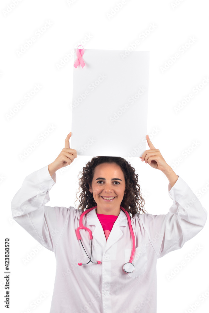 Caucasian doctor woman holding white board Caucasian doctor woman holding white board