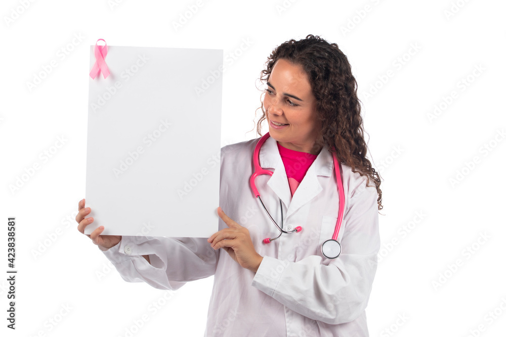 Caucasian doctor woman holding white board Caucasian doctor woman holding white board