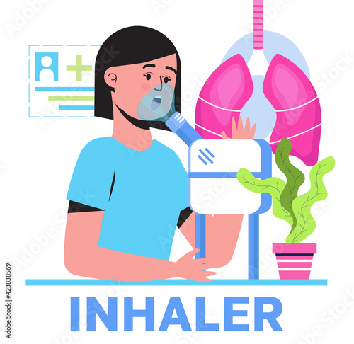 Inhaler, nebulizer using by patient suffering bronchial asthma. Metaphor of tuberculosis, pneumonia, lung diagnosis x-ray machine. Bronchitis concept vector for medical website, blog.
