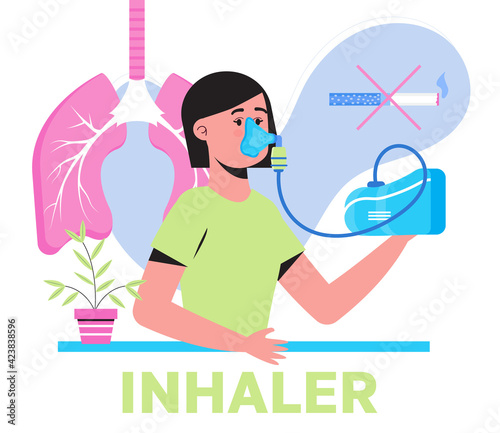 Inhaler, nebulizer using by patient suffering bronchial asthma. Metaphor of tuberculosis, pneumonia, lung diagnosis x-ray machine. Bronchitis concept vector for medical website, blog.