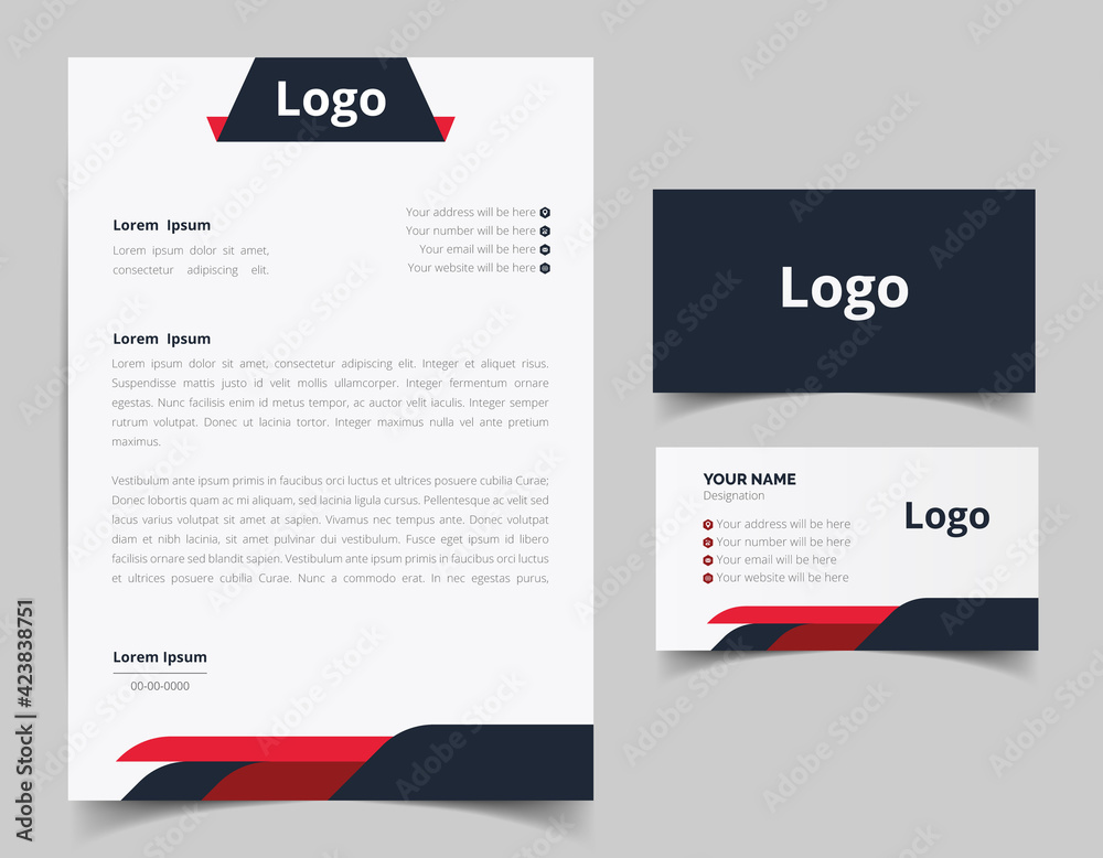 Business card and letterhead design set. Corporate and business style template. Modern and clean branding stationery design. fully editable file