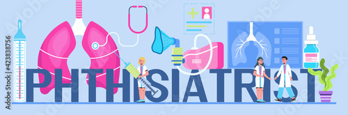 Pulmonologist, phthisiologist concept vector for the landing page, header. Scene of pulmonary fibrosis, tuberculosis, pneumonia, lung diagnosis x-ray machine, tiny doctors scan lungs.