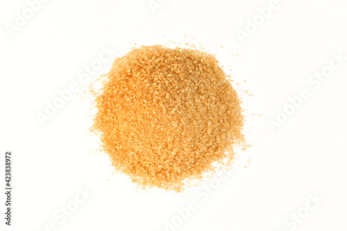 Pile of brown sugar isolated on white background. Above view