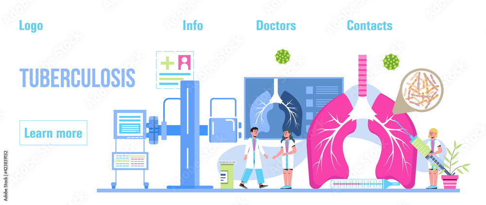 Pulmonologist, phthisiologist concept vector for the landing page, header. Scene of pulmonary fibrosis, tuberculosis, pneumonia, lung diagnosis x-ray machine, tiny doctors scan lungs. Pulmonologist, phthisiologist concept vector for the landing page, header. Scene of pulmonary fibrosis, tuberculosis, pneumonia, lung diagnosis x-ray machine, tiny doctors scan lungs.