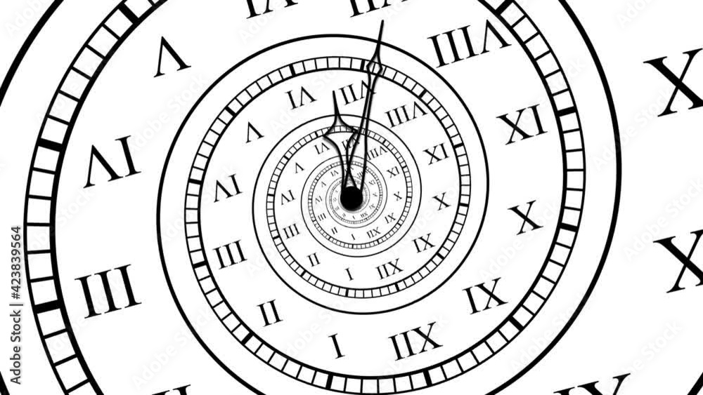 Endless looping spiral clock with minute and hour hands, abstract time passing by, business deadline, countdown or lifetime concept on white background Endless looping spiral clock with minute and hour hands, abstract time passing by, business deadline, countdown or lifetime concept on white background