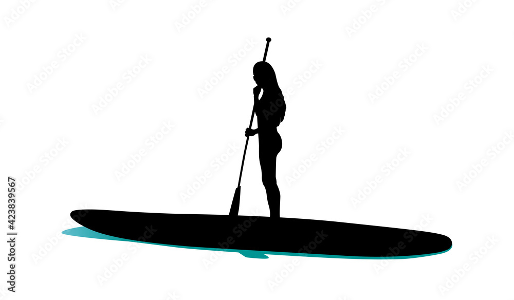 Young woman standing on sup board black silhouette vector de Stock | Adobe  Stock
