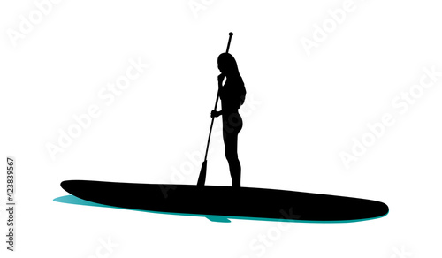 Young woman standing on sup board black silhouette