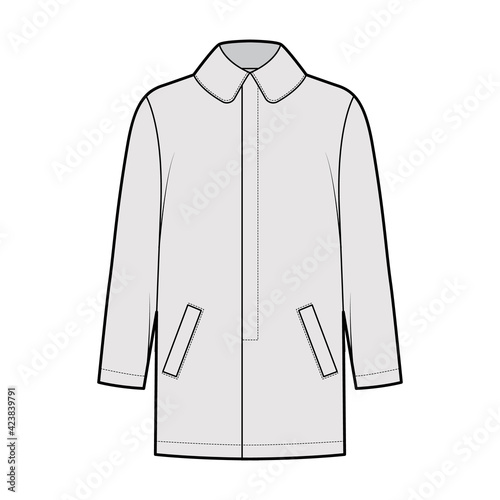 Car coat technical fashion illustration with long sleeves, round lapel collar, oversized body, stitched welt, hide closure. Flat jacket template front, grey color style. Women, men, unisex CAD mockup