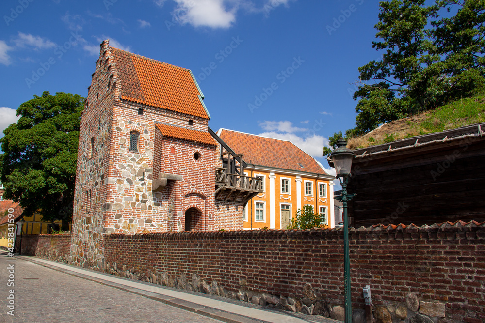 Medieval buildings in the old historic parts on Lund Sweden during summer