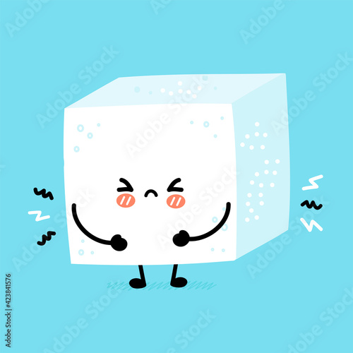 Cute funny sad sugar piece cube character. Vector flat line cartoon kawaii character illustration icon. Sugar cube character concept