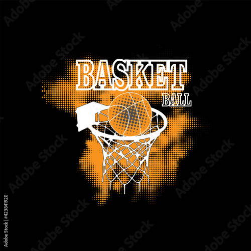White basketball hoop and text basketball on orange spot. Vector illustration.