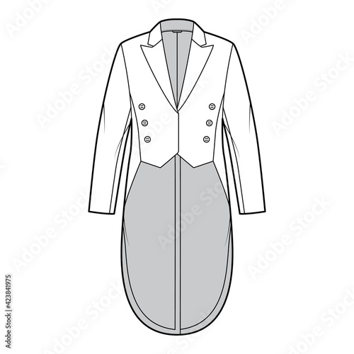 Dinner jacket tuxedo technical fashion illustration with double breasted, long sleeves, peaked collar, low high hem. Flat coat template front, white color style. Women, men, unisex top CAD mockup