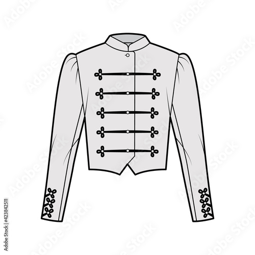 Majorette jacket technical fashion illustration with crop length, long leg o Mutton sleeves, stand collar, button frog closure. Flat blazer template front, grey color style. Women, men CAD mockup