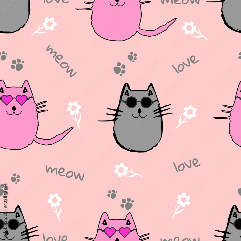Seamless pattern with cool cats in glasses on pink background. Seamless pattern with cool cats in glasses on pink background.