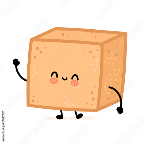 Cute brown cane sugar cube character. Vector flat line cartoon kawaii character illustration icon. Isolated on white background. Sugar, sugarcane unrefined cube character concept