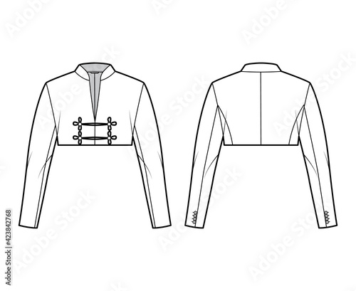 Spencer jacket technical fashion illustration with crop length, long sleeves, stand collar, button frog closure. Flat blazer template front, back, white color style. Women, men, unisex top CAD mockup