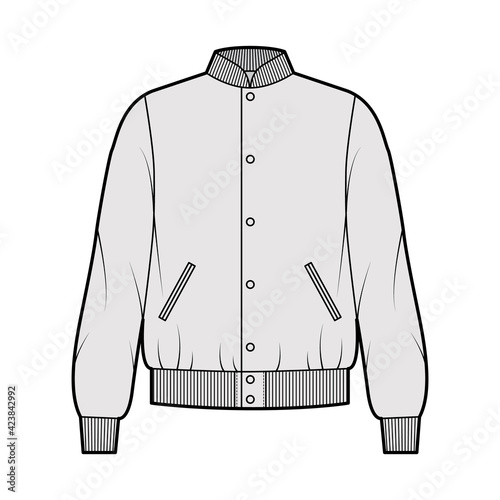 Varsity Bomber jacket technical fashion illustration with Rib collar, cuffs, waistband, jetted pockets, buttons fastening, oversized. Flat coat template front, grey color. Women men unisex top CAD