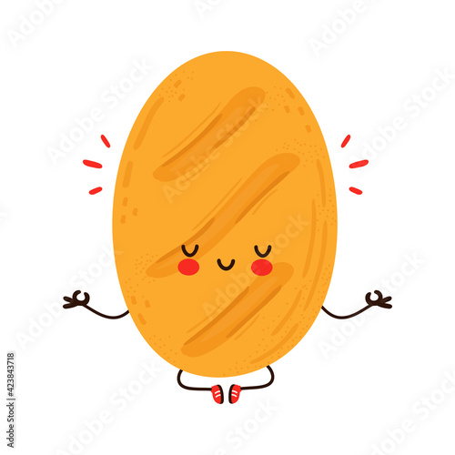 Cute funny Bread meditate in yoga pose. Vector hand drawn cartoon kawaii character illustration icon. Isolated on white background. Bread meditate concept