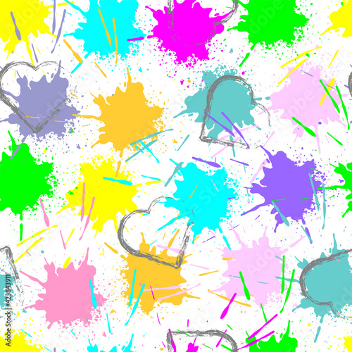 Abstract seamless grunge pattern with gray hearts and multicolored blots on white backdrop.