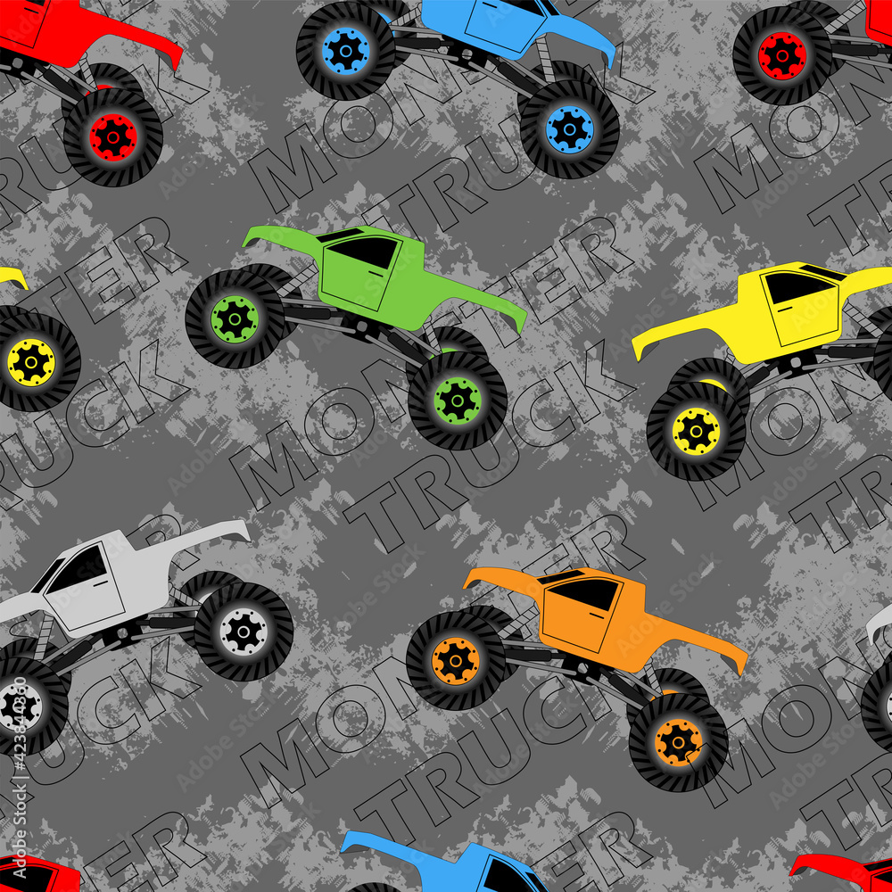 Monster track. Seamless grunge pattern with multicolored cars. Monster track. Seamless grunge pattern with multicolored cars.