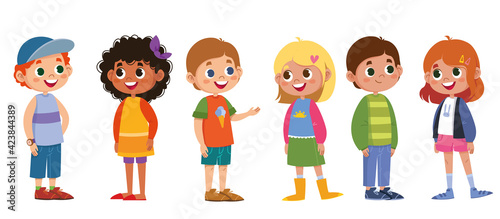 Children schoolchildren vector set. Boys and girls laugh and play. The black-skinned woman is beautiful, red, blonde. Cartoon characters are standing. Illustration funny clipart cute