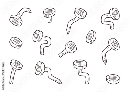 Metal old nails in wall, bent vector pins, thin line hand drawn design, cartoon icons. Carpentry concept. Simple illustration