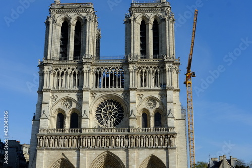 The facade of Notre dame de Paris during its renovation on a sunny day. Paris the 29th March 2021.