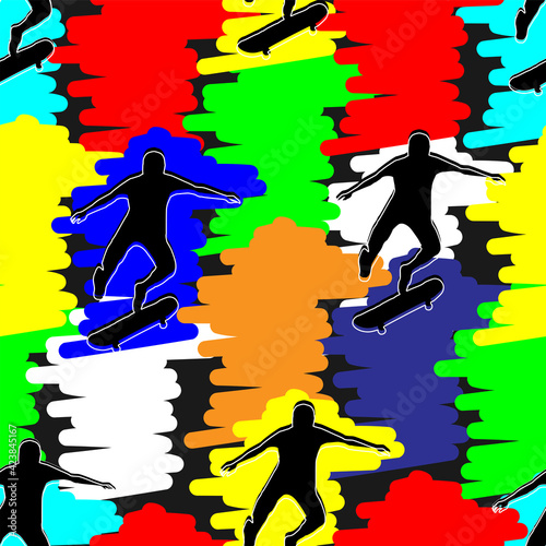 Urban seamless pattern for boys with skateboarders on multicolored zigzag.