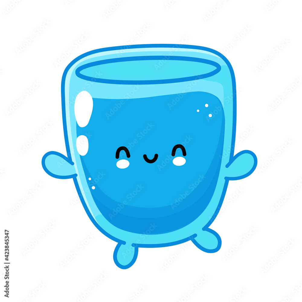 Cute funny happy water glass character. Vector flat line cartoon kawaii character illustration icon. Isolated on white background. Water glass character logo concept - obrazy, fototapety, plakaty 