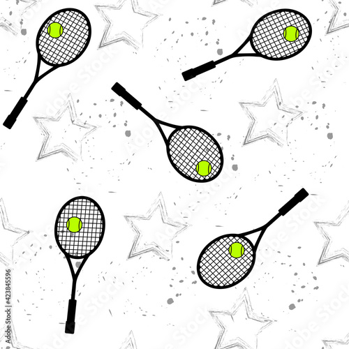 Abstract seamless pattern with tennis rackets, spray and gray stars on white backdrop.