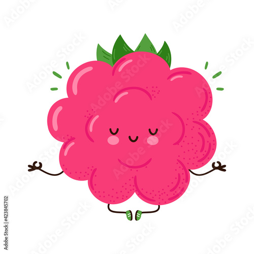 Cute funny Raspberry meditate in yoga pose. Vector hand drawn cartoon kawaii character illustration icon. Isolated on white background. Raspberry meditate concept