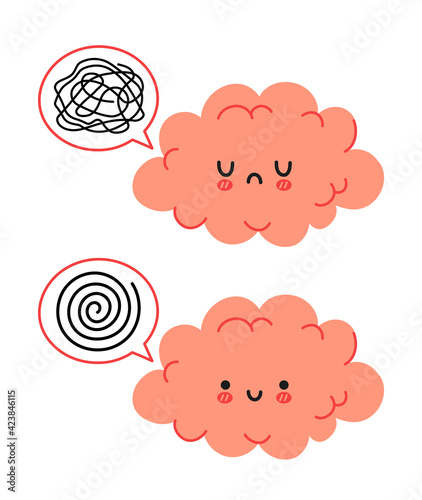 Cute funny brain character and speech bubble with messy thoughts. Vector hand drawn cartoon kawaii character illustration icon. Isolated on white background. Brain mental harmony character concept