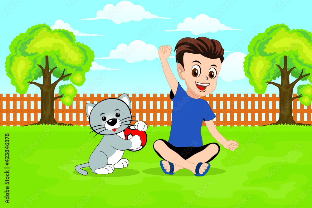 A boy plays in the garden with his pet cat
A boy plays in the garden with his pet cat