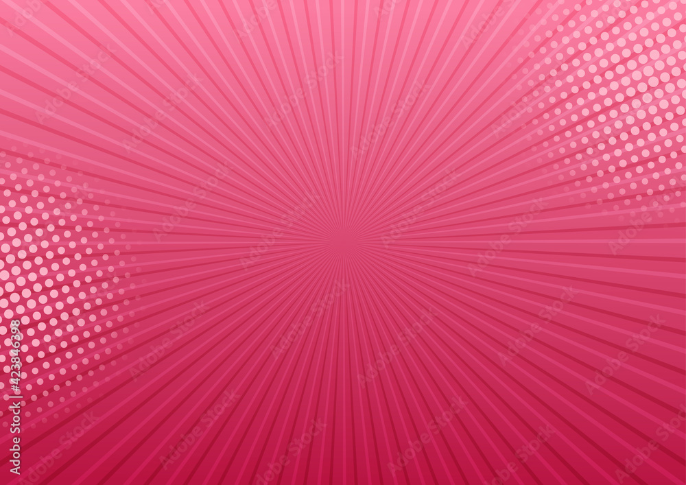 Pink comic pop art vector background with sunbeams and halftone shadow, bright banner. Abstract illustration Pink comic pop art vector background with sunbeams and halftone shadow, bright banner. Abstract illustration