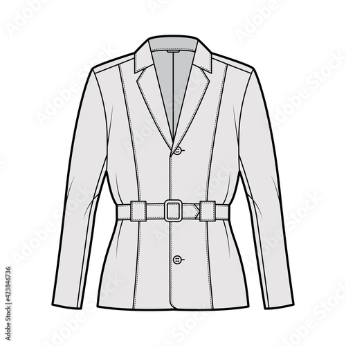 Belted jacket technical fashion illustration with belt, oversized, long sleeves, notched collar, button opening. Flat coat template front, grey color style. Women, men, unisex top CAD mockup