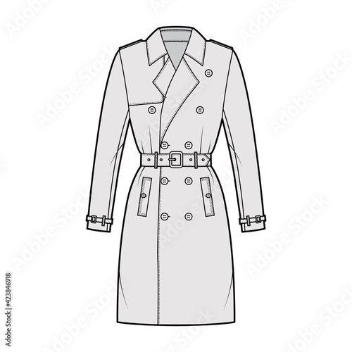 Trench coat technical fashion illustration with belt, double breasted, fitted, long sleeves, napoleon wide lapel collar. Flat jacket template front, grey color style. Women unisex top CAD mockup