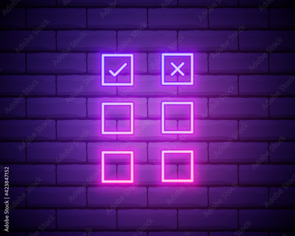 Check mark and cross mark in neon style. tick and cross check marks