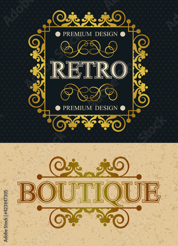 Boutique and Retro brand Vintage Monogram design elements, Retro сalligraphic template vector Luxurious border, Decorations  elegant royal lines,  Vector illustration