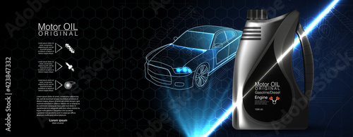 Flyer with oil bottle for cover design. Motor Oil, great design for any purposes. Modern graphic design. ector illustration with realistic canister and motor oil on bright background