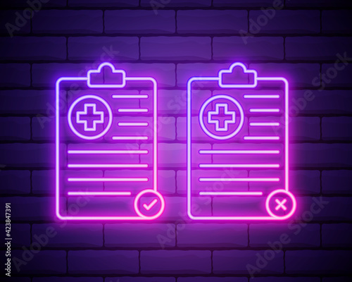 Glowing neon line Medical clipboard with clinical record icon isolated on brick wall background. Health insurance form. Prescription, medical check marks report. Vector Illustration
