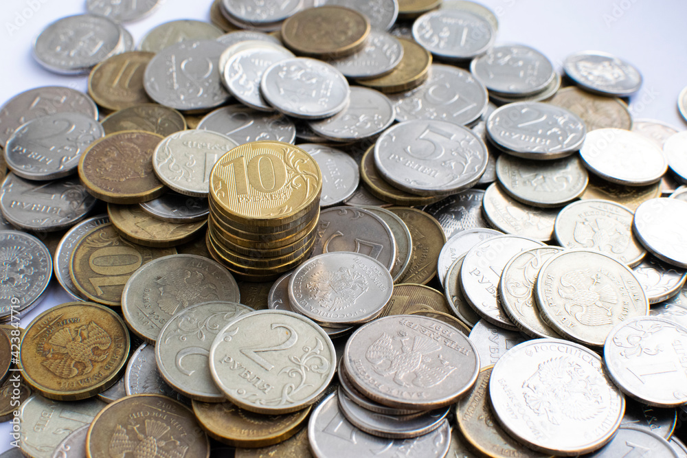 Russian coins close-up. View from above. Coins in denominations of one, two, five, ten rubles. Russian coins close-up. View from above. Coins in denominations of one, two, five, ten rubles.