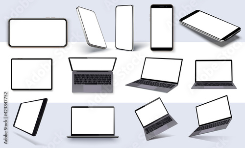 Realistic smartphone, laptop, pc, tablet mockup. Device UI, UX mockup for presentation template. Device frame with blank display isolated templates, different angles views. 3d isometric vector