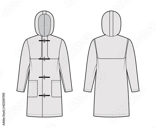 Duffle coat technical fashion illustration with hood, long sleeves, oversized, knee length, patch pockets, toggle. Flat jacket template front, back, grey color style. Women, men, unisex top CAD mockup
