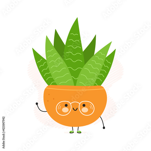 Cute funny Succulent in a pot character. Vector hand drawn cartoon kawaii character illustration icon. Isolated on white background. Succulent in a pot character concept