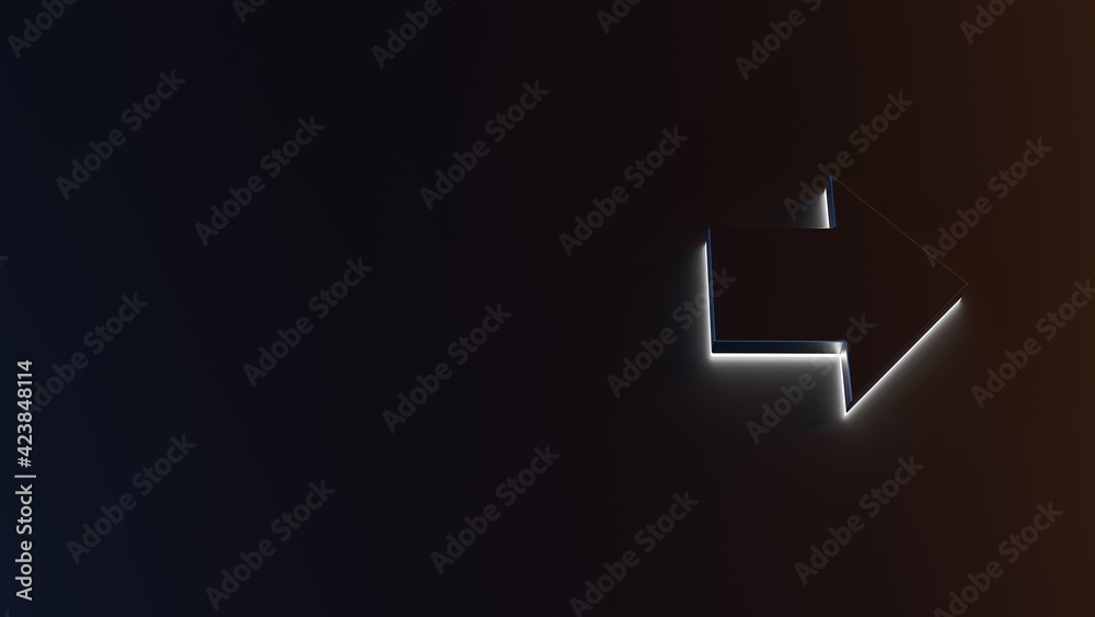 3d rendering of white light stripe symbol of forward right arrow button on dark background 3d rendering of white light stripe symbol of forward right arrow button on dark background
