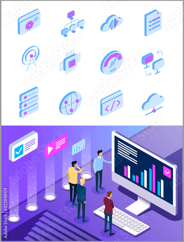 Marketing isometric people working together and  developing a successful business strategy, Vector Isometric Business and finance vector concept, Vector Isometric Business and finance vector concept