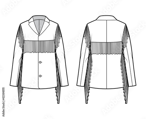 Western jacket technical fashion illustration with fringe, oversized, long sleeves, notched collar, button opening, yoke. Flat coat template front, back, white color style. Women, men, top CAD mockup
