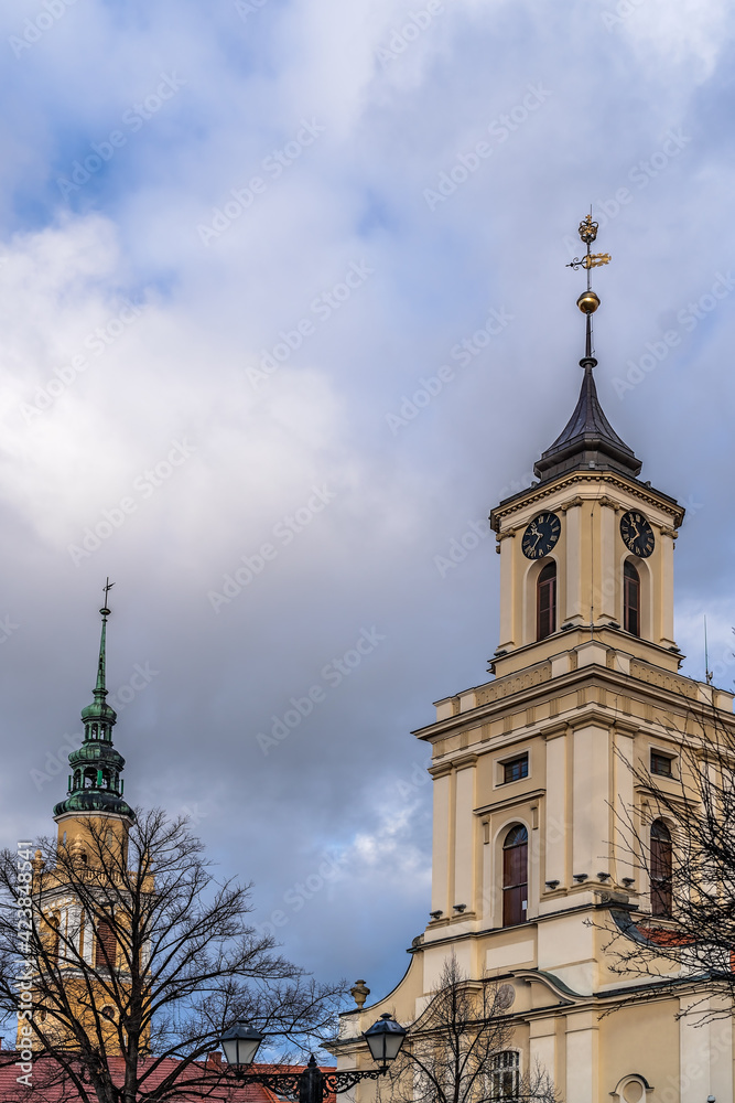 Obraz premium Church tower and City Hall in Swiebodzice